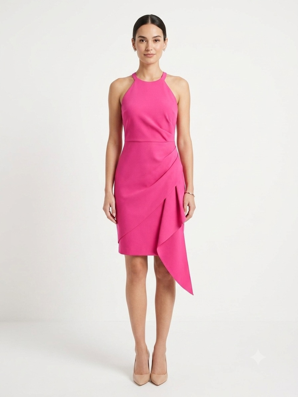 Vince Camuto Hot Pink Halter Sheath Dress Women's Size 6 Asymmetric Ruffle Detai